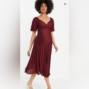 ASOS Maternity Pleated Twist Back Cap Sleeve Midi Dress in Dark Red